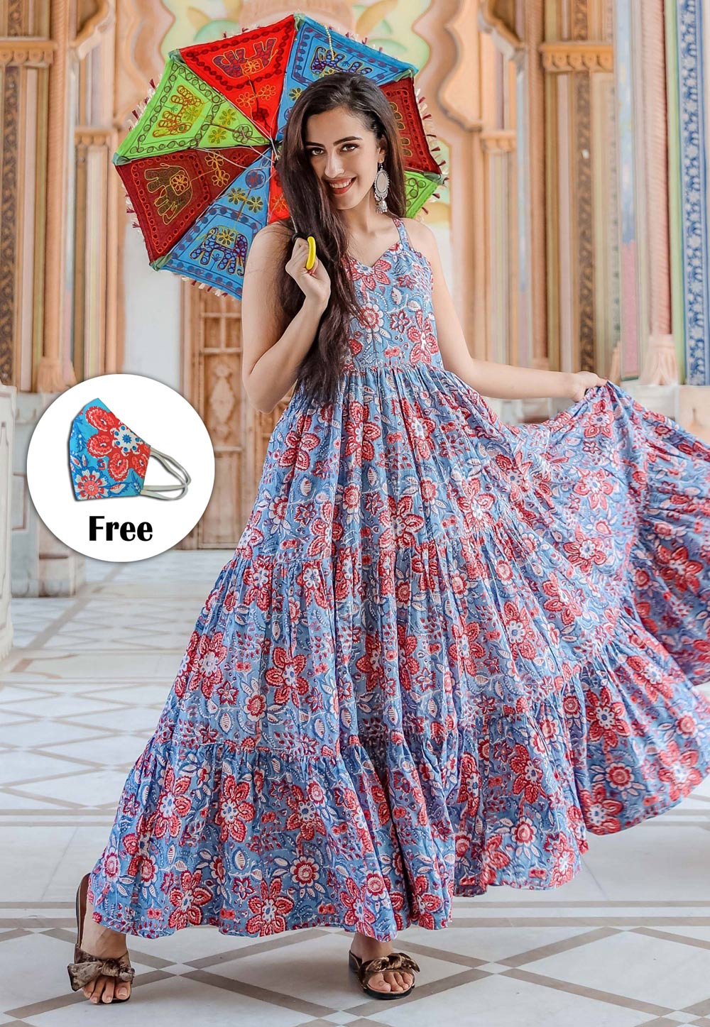 Floral Printed Flared Long Frock Dress –