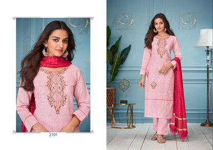 Women Light Pink cotton Embroidered  kurti with Pant & Dupatta