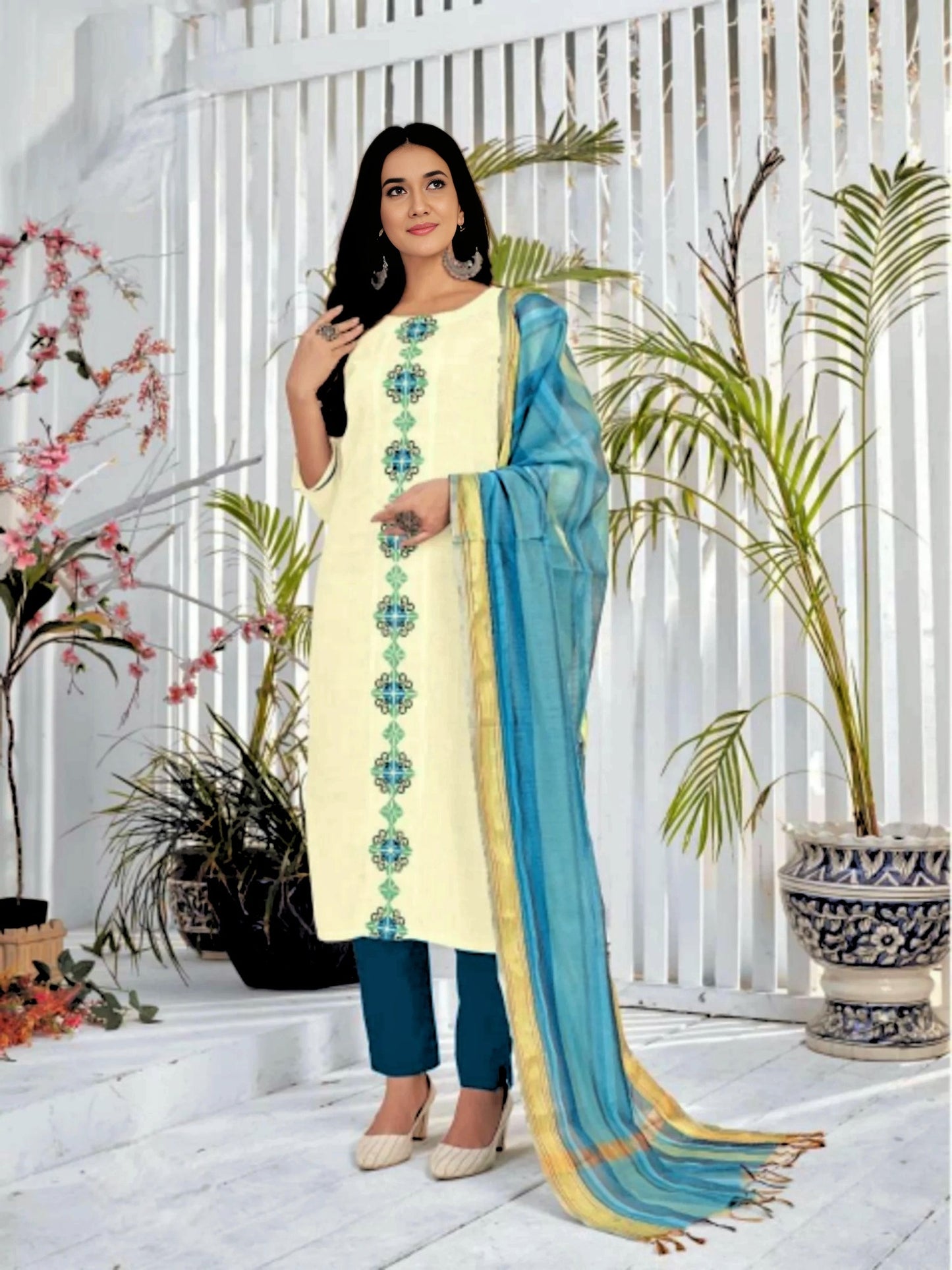 Cream and green embroidered kurti with dupatta