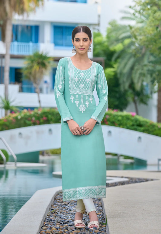 lucknowi aqua green kurti