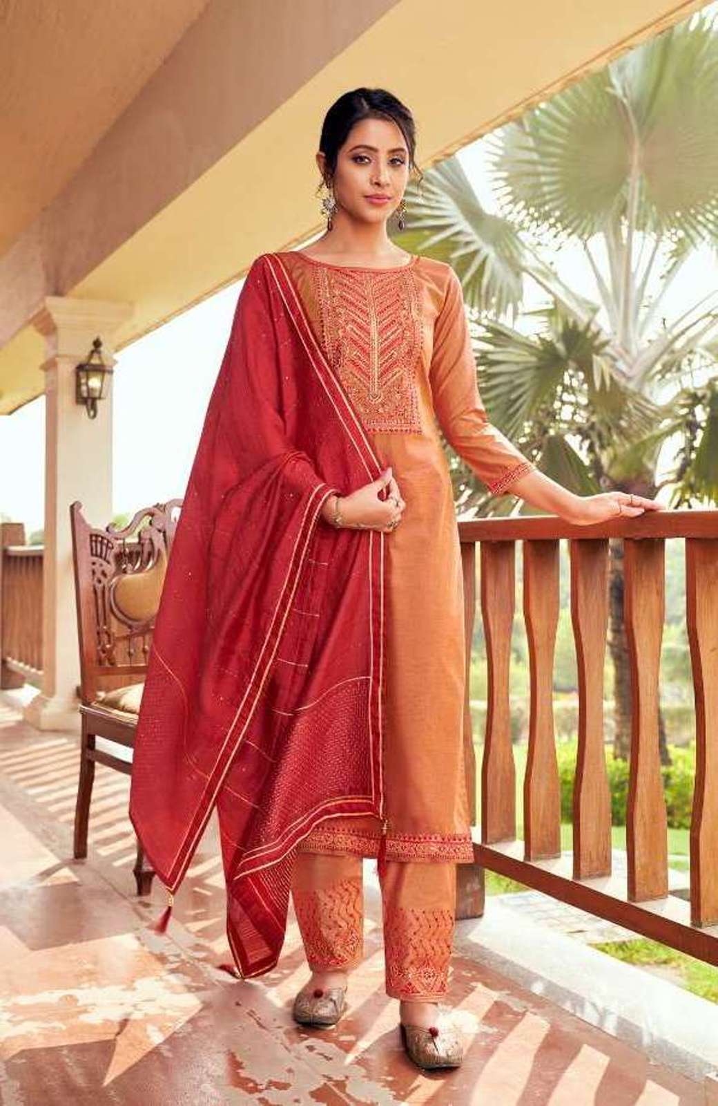 Orange Cotton Silk Embroidery Kurta with pant and Dupatta