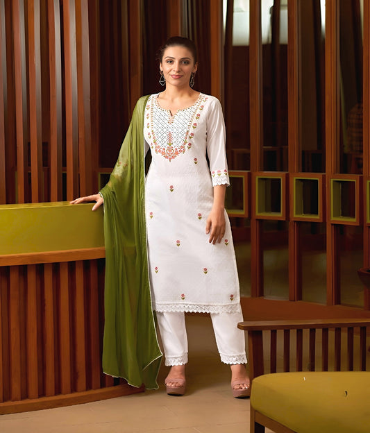 women ethic  cotton kurti- white & Green