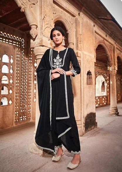 Women Black Floral Yoke Design Regular Mirror Work Kurta With Plazzo & Dupatta