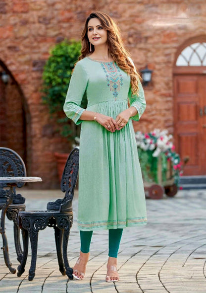 Yoke Style Emerald Green Rayon Kurti