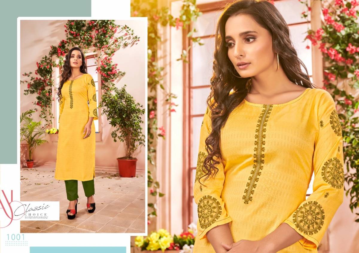 Women Yellow Jam cotton with embroidery  kurti