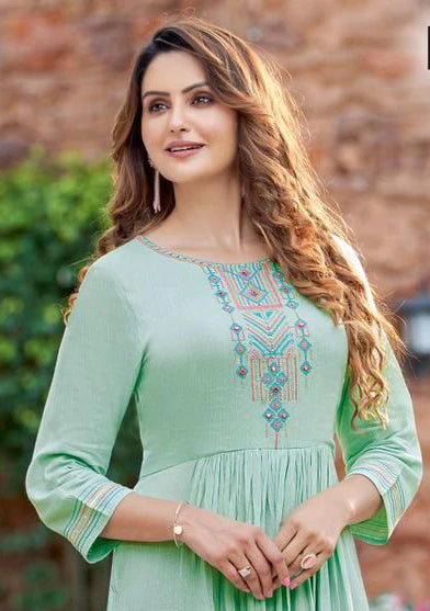 Yoke Style Emerald Green Rayon Kurti