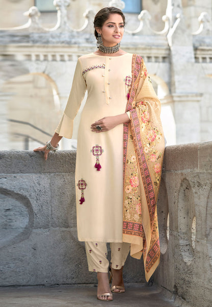 Women Cream Embroidered Regular kurti with Pant & Dupatta