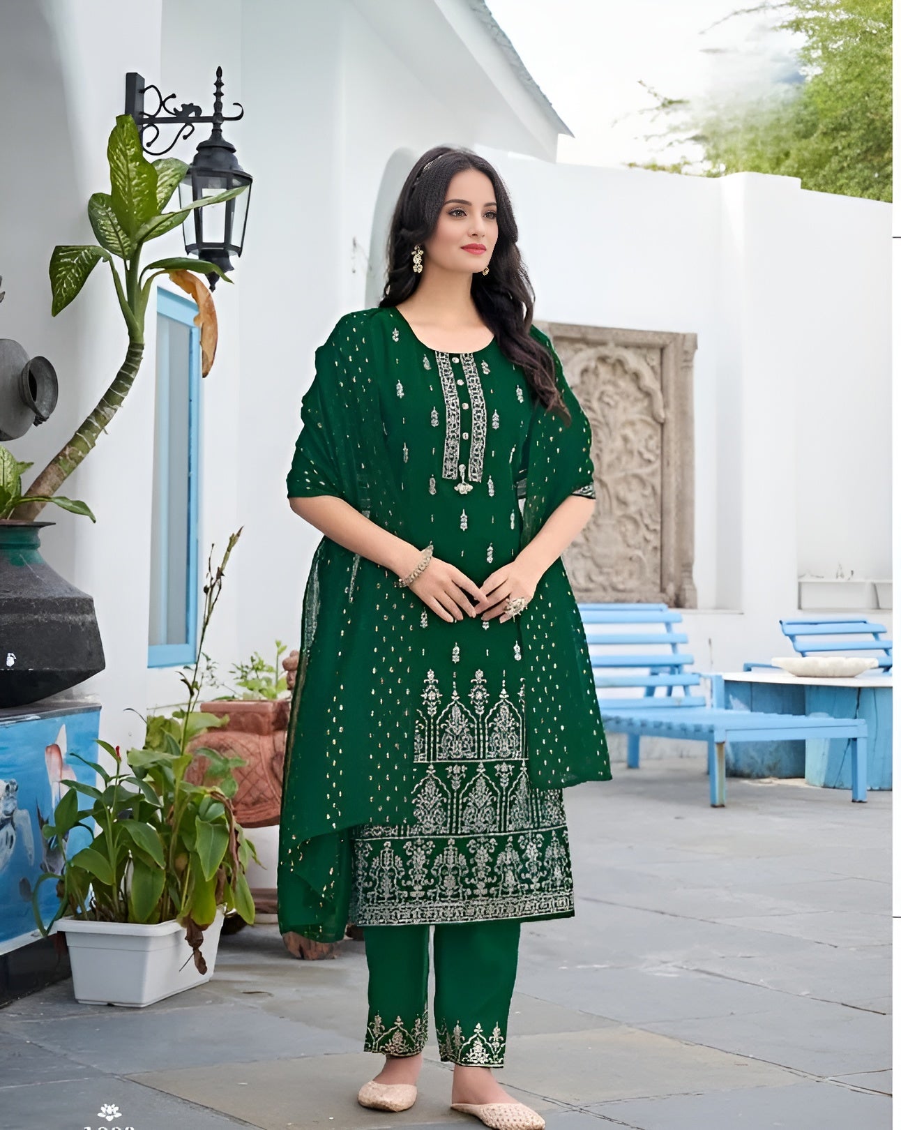 Green Viscose Kurti Pant with Dupatta 