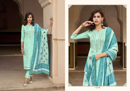 Women Blue Embroidered kurta with Trousers & Dupatta