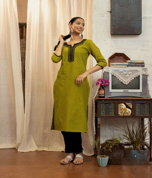 Pure Cotton Yarn Embroidery Straight kurti-Mehndi