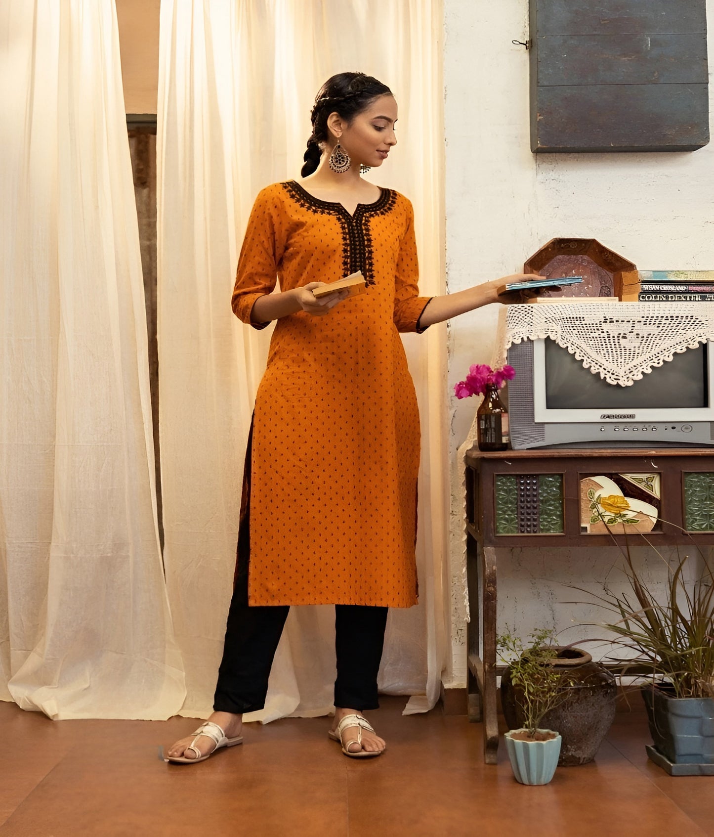 Pure Cotton Yarn Embroidery Straight kurti-Orange