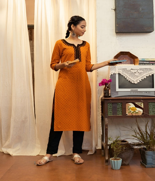 Pure Cotton Yarn Embroidery Straight kurti-Orange