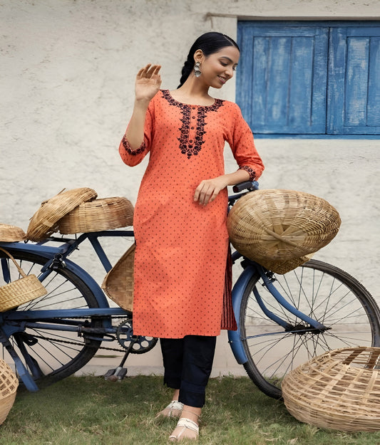 Pure Cotton Yarn Embroidery Straight kurti-Peach