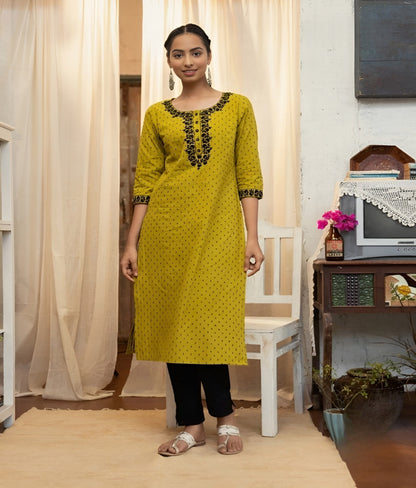 Pure Cotton Yarn Embroidery Straight  Kurti-Lime Green