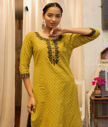 Pure Cotton Yarn Embroidery Straight  Kurti-Lime Green