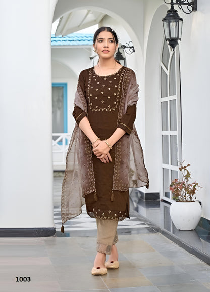 Women Dark Brown Embroidered Kurta with Trousers & Dupatta