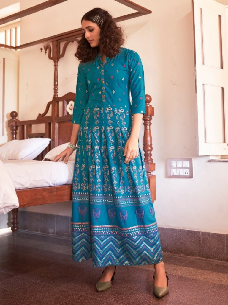 Stylish Fancy Turquoise Printed A-Line Maxi Dress