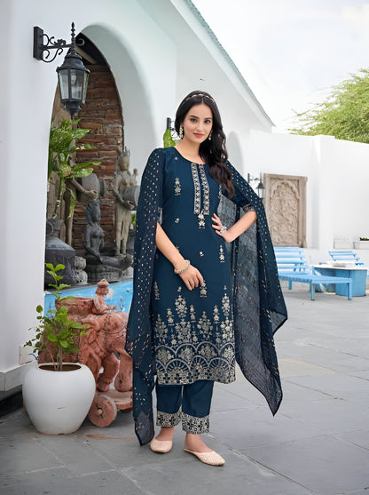 Blue Viscose Kurti Pant with Dupatta 