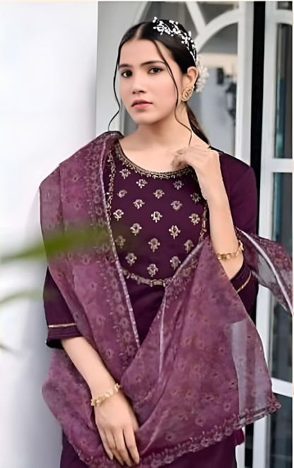 Women Purple Embroidered Kurta with Trousers & Dupatta