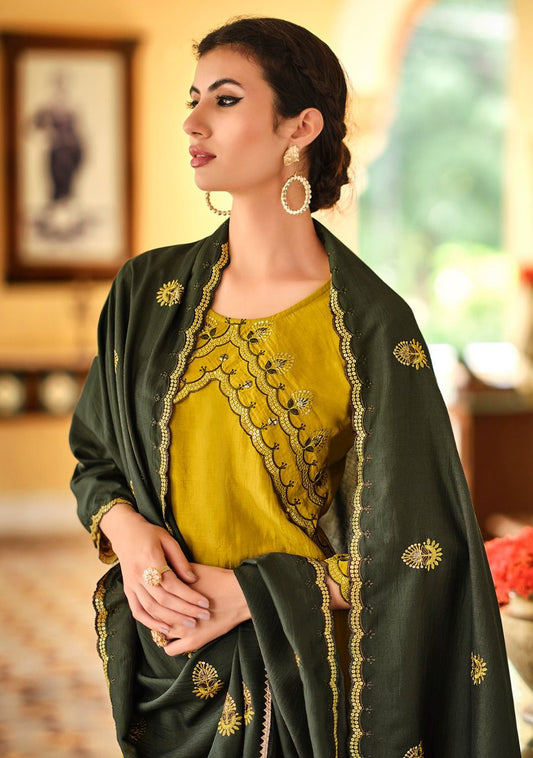 Women Yellow Embroidered kurta with Trousers & Dupatta