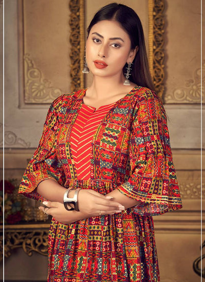 Women Red&Orange Digital Print Flare Kurti