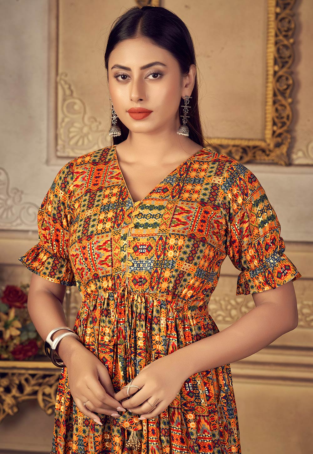 Women Orange &Yellow Digital Print Kurti