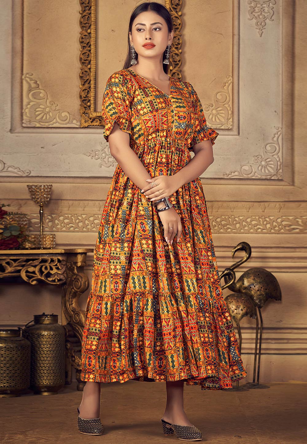 Women Orange &Yellow Digital Print Kurti