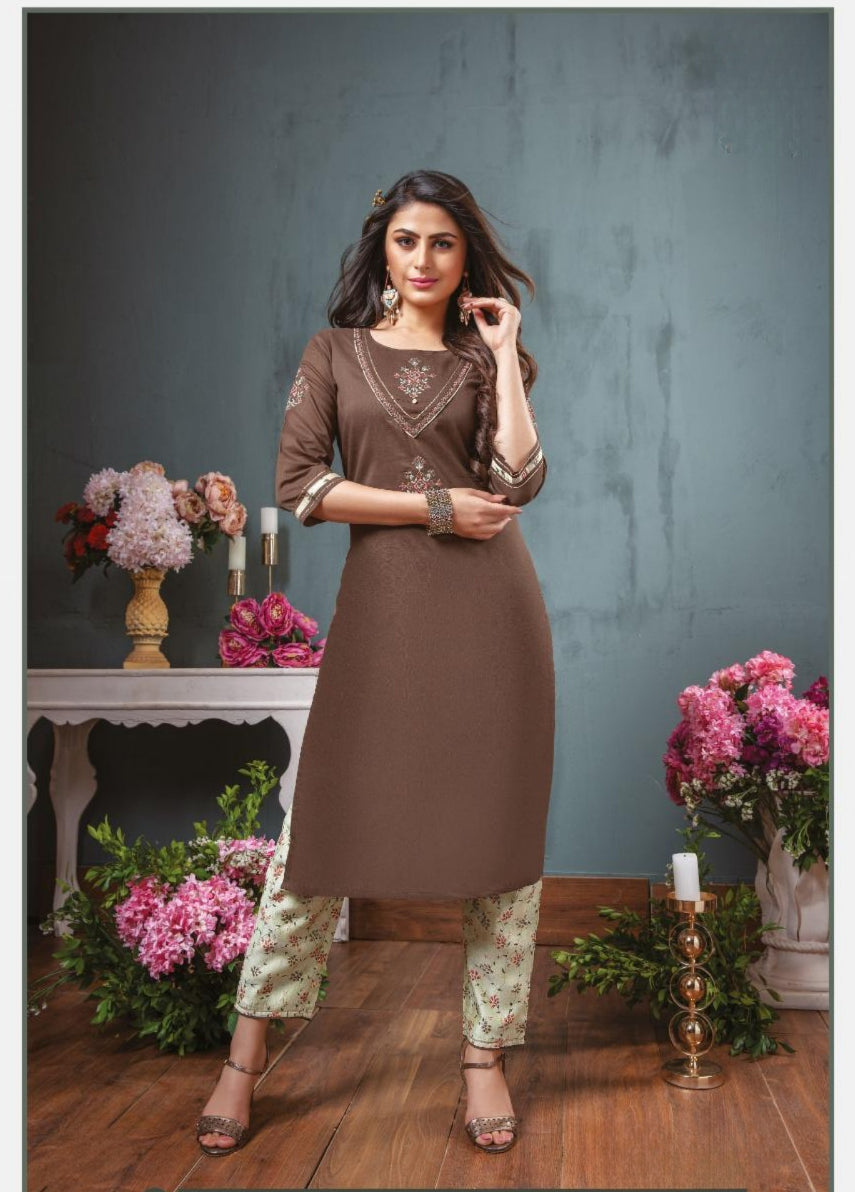 Designer Kurta with Pant stylish thread work-Brown