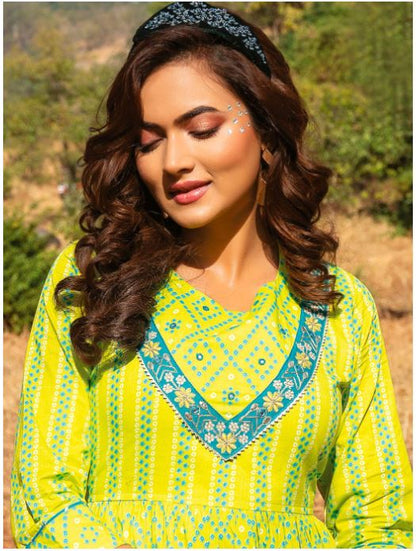 Lime Cotton Embroidered Fit & Flare Long Kurti