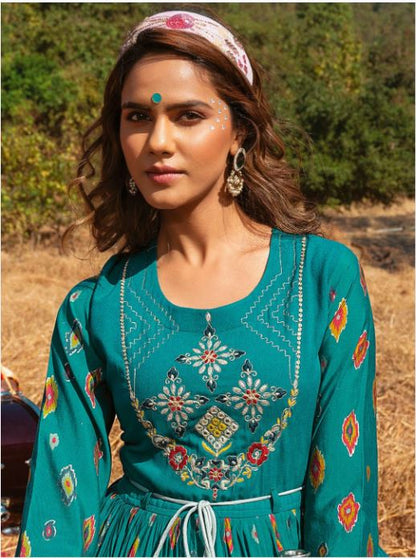 Green Cotton Embroidered Fit & Flare Long Kurti
