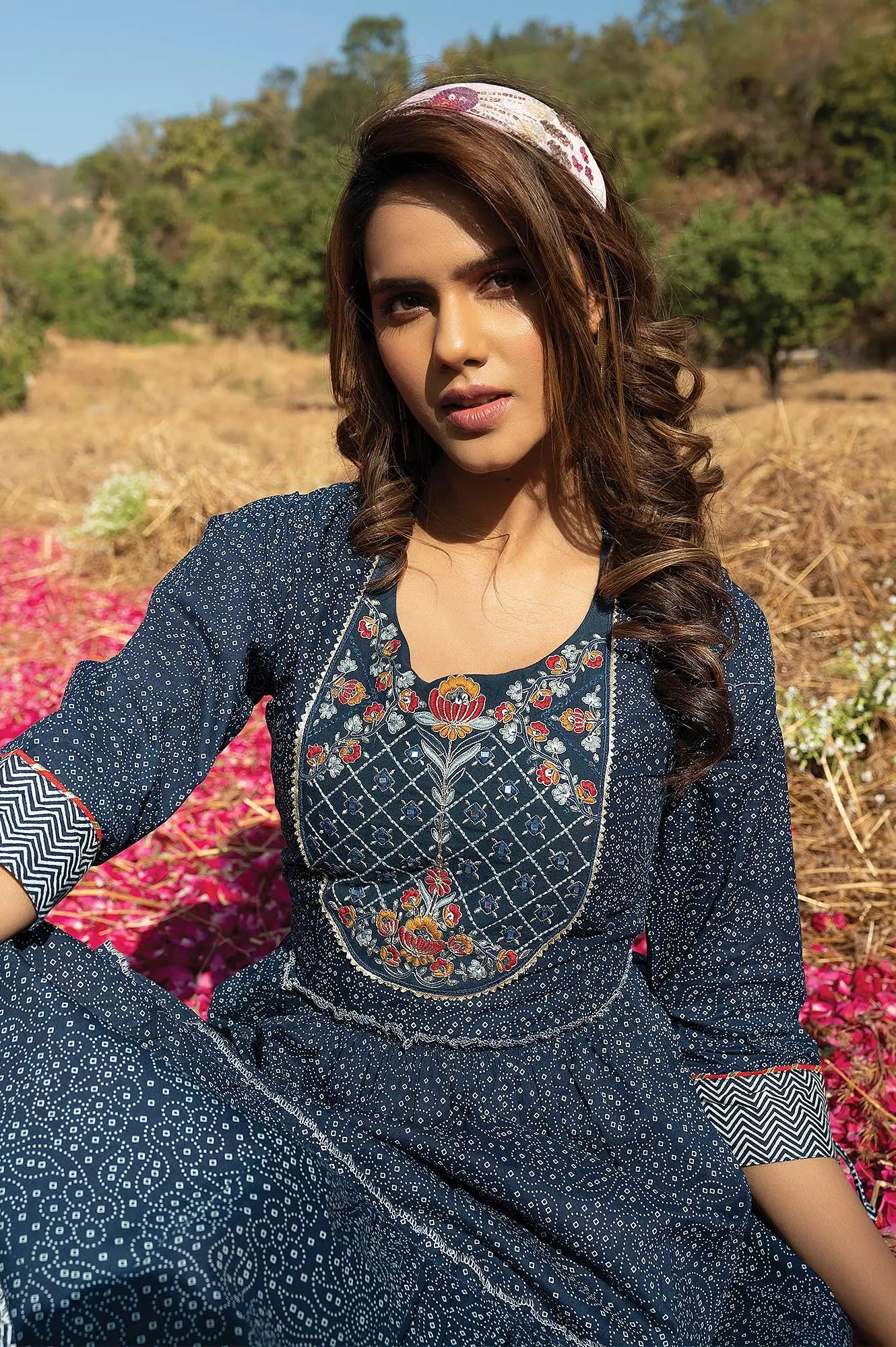 Octane Blue Cotton Embroidered Fit & Flare Long Kurti