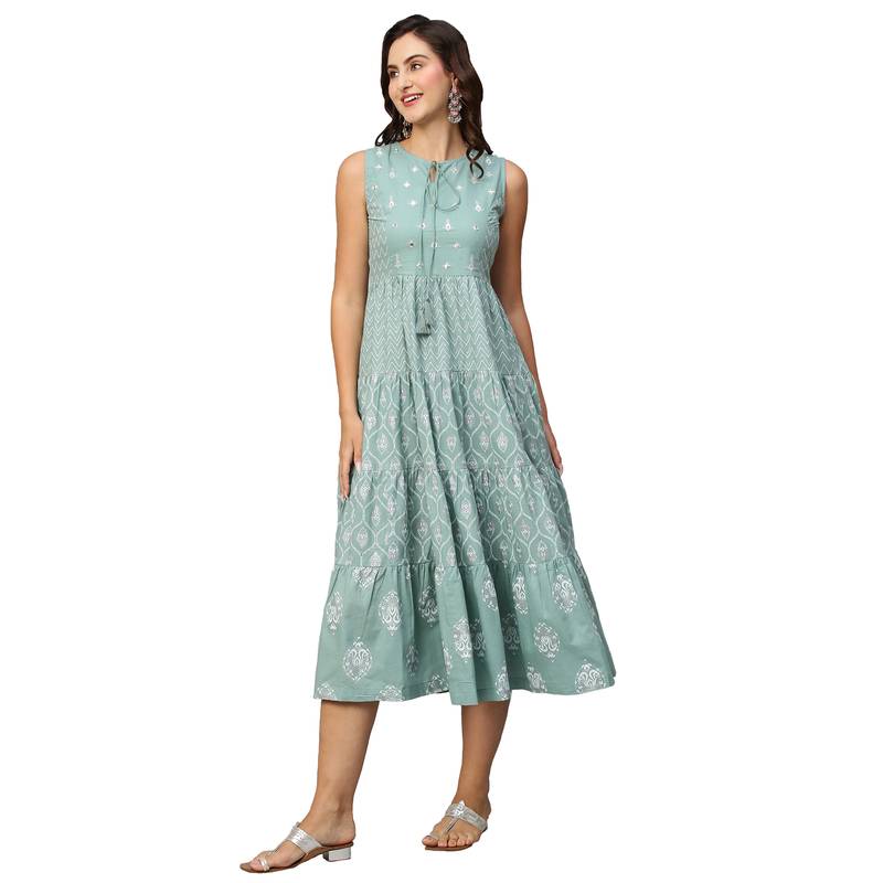 Light Green Cotton Kurti Tie Up Neck