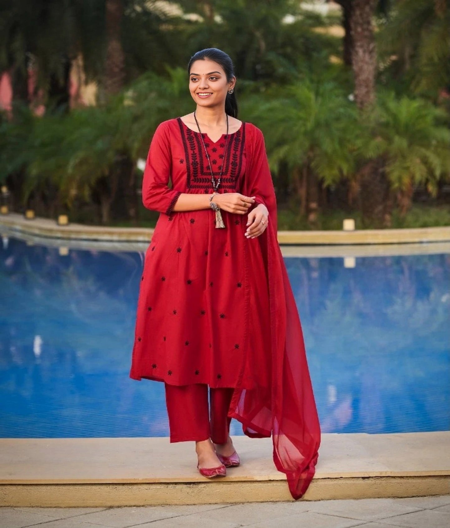 Red kurti pant with dupatta