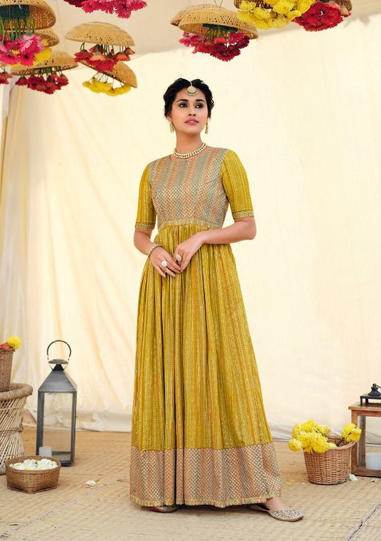 Party Wear Yellow Georgette Embroidery Long Gown(Free -Size)