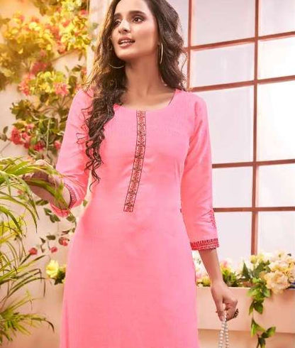 Women pink jam cotton with embroidery kurti