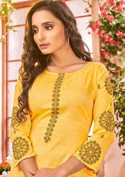 Women Yellow Jam cotton with embroidery  kurti