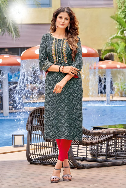 Rayon Green long kurti with embroidery