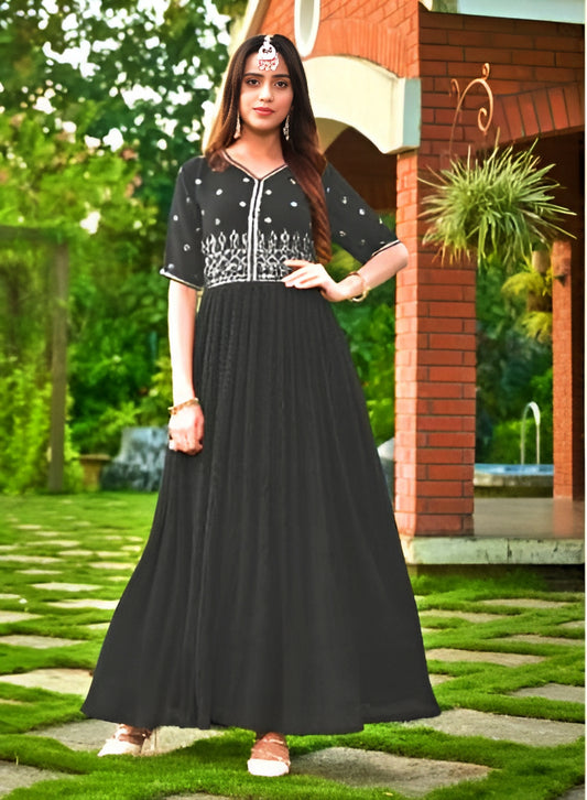 Black Embroidered Georgette Long Gown 