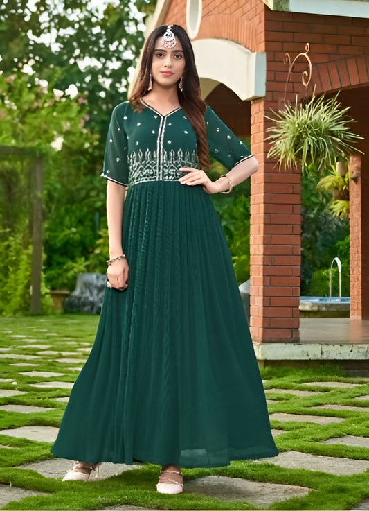 Green Embroidered Georgette Long Gown 