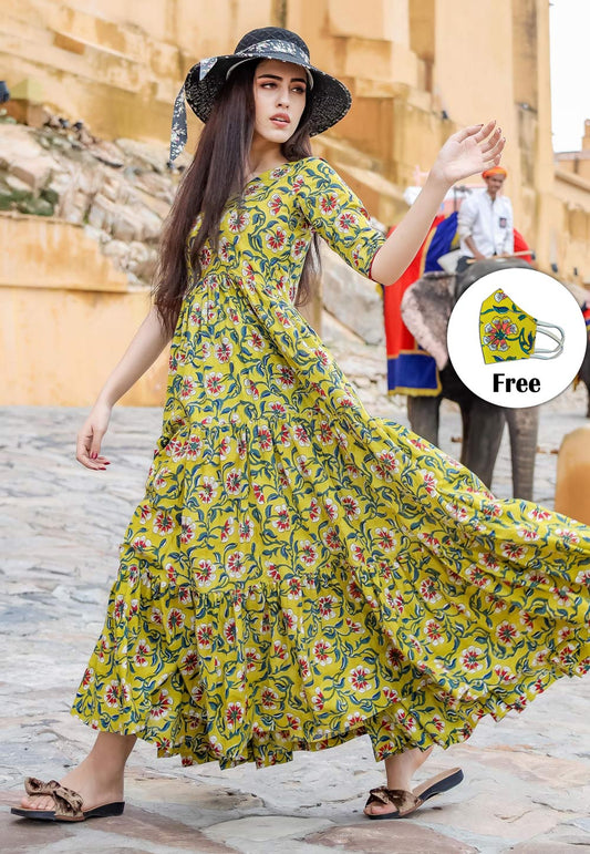 Green Floral Printed long gown