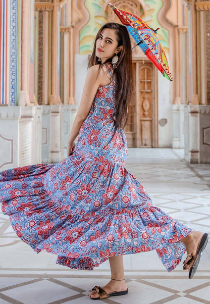 Women Blue Floral Block Printed Fit and Flare Long Gown