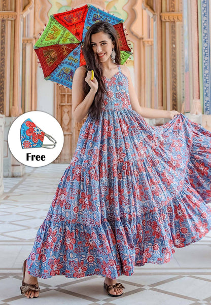 Blue floral block printed kurti