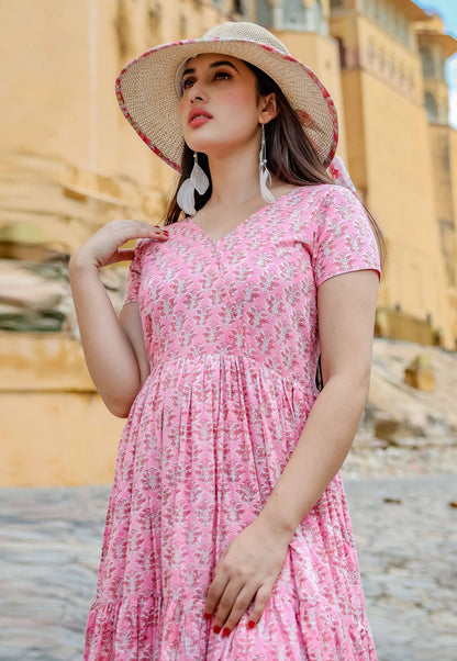 Pure Muslin Digital Pink Floral Printed Long Gown