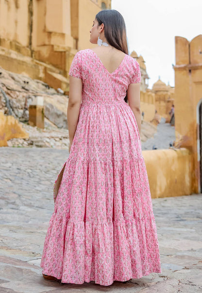 Pure Muslin Digital Pink Floral Printed Long Gown