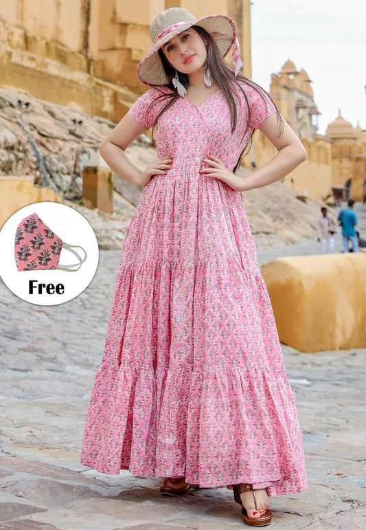 Pink Floral Printed long gown