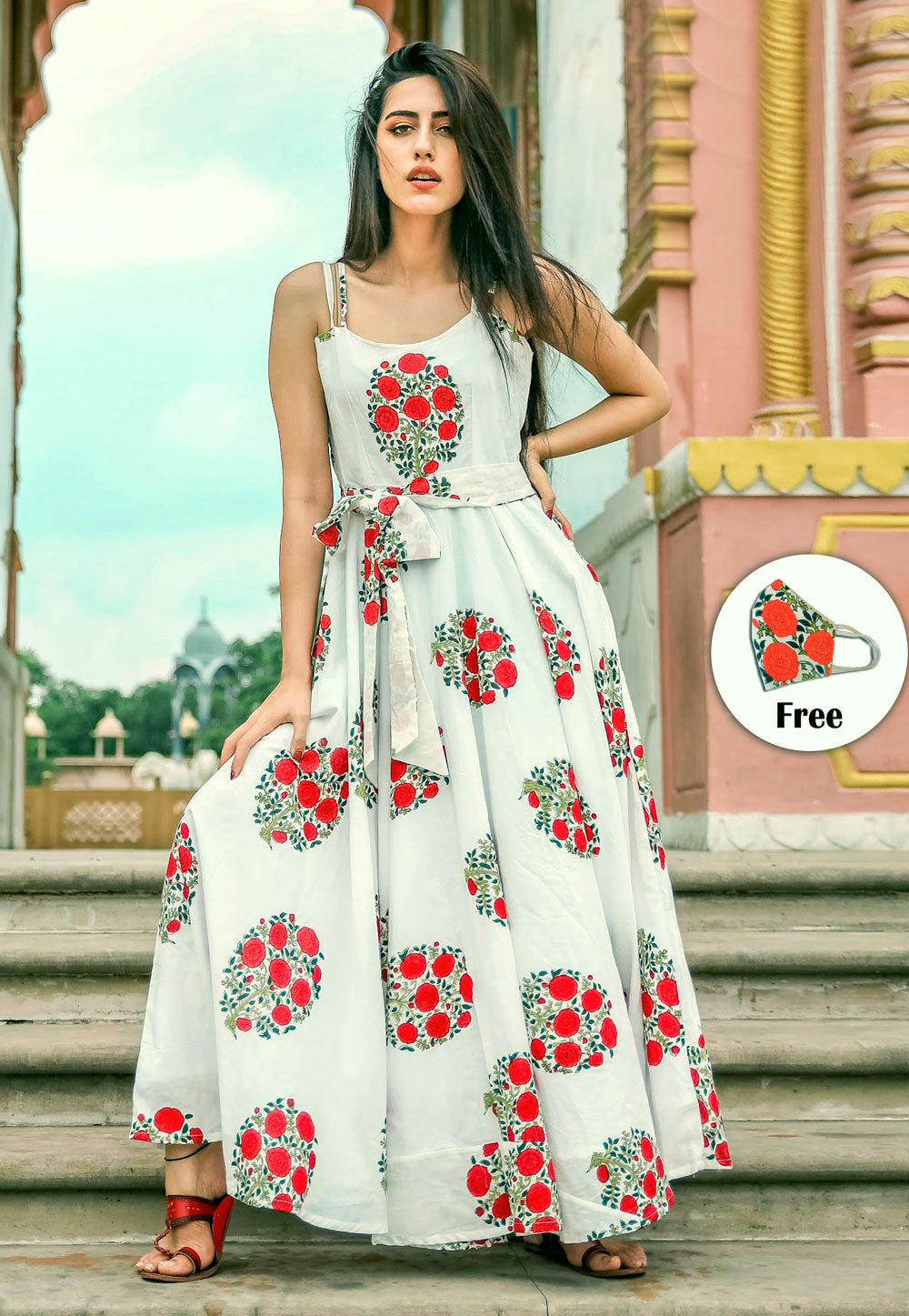 Red & White floral printed gown
