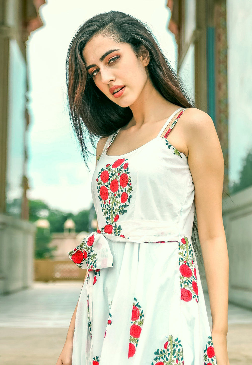 Red & White Floral Printed  Long Gown