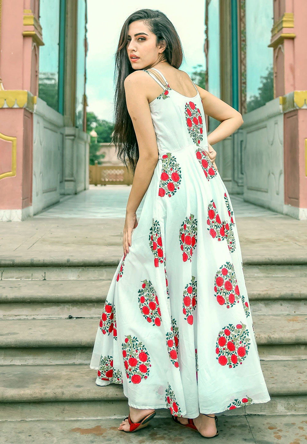 Red & White Floral Printed  Long Gown