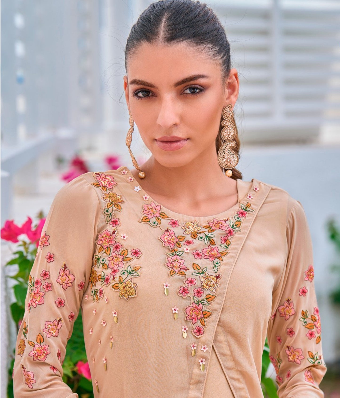 Flared Beige Georgette Embroidered Long Kurti with Shrug