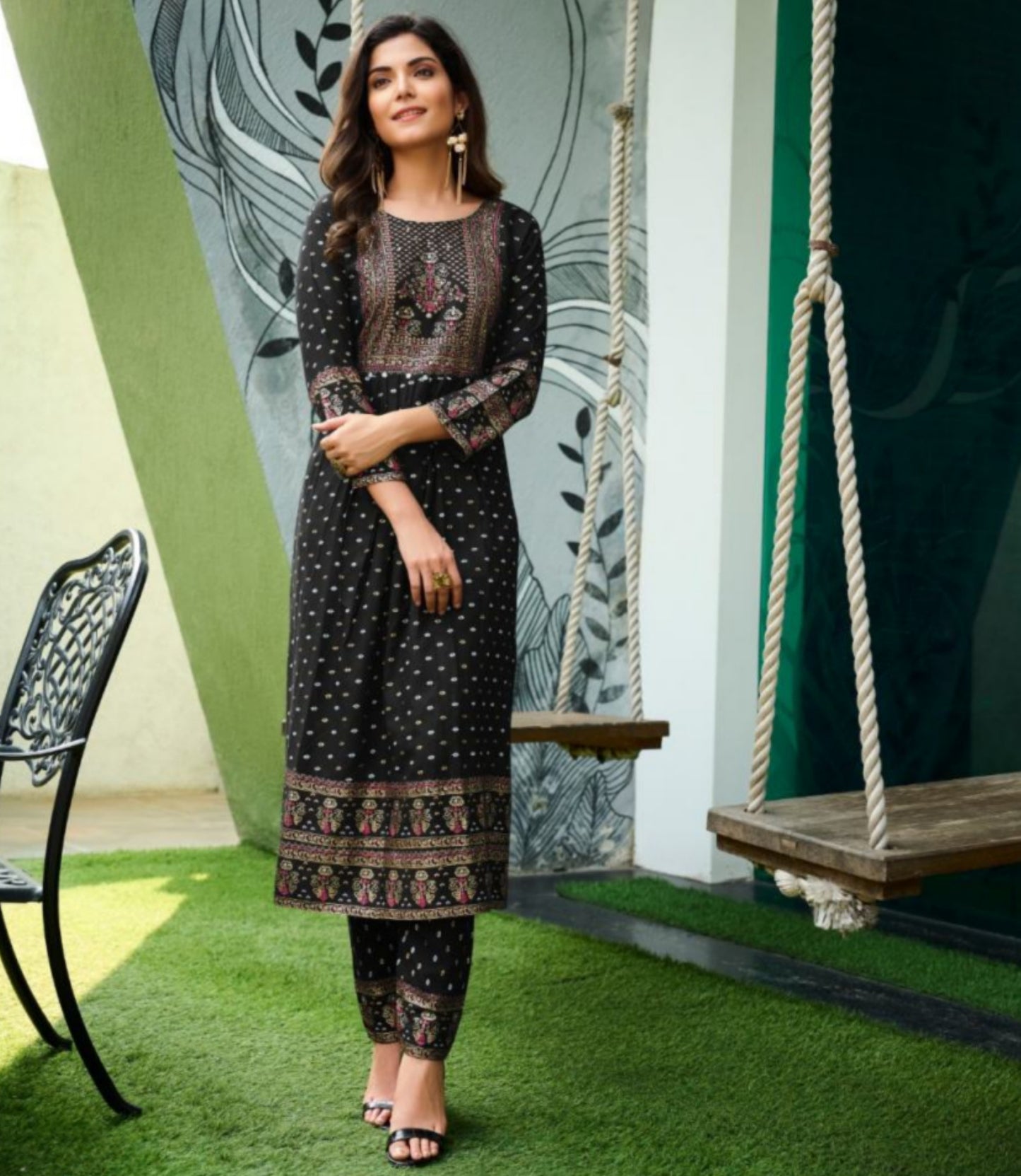 Black Rayon with gold print yoke kurta with pant